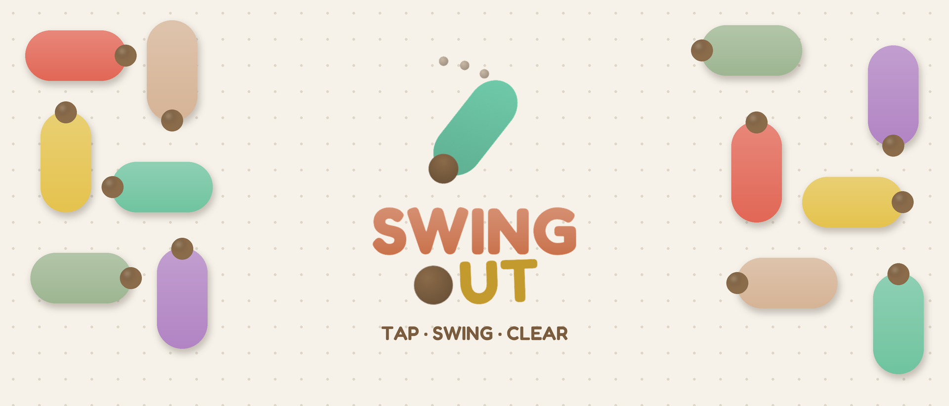 SwingOut: tap, swing, clear. Rounded pieces with brown knobs on a dotted cream board.