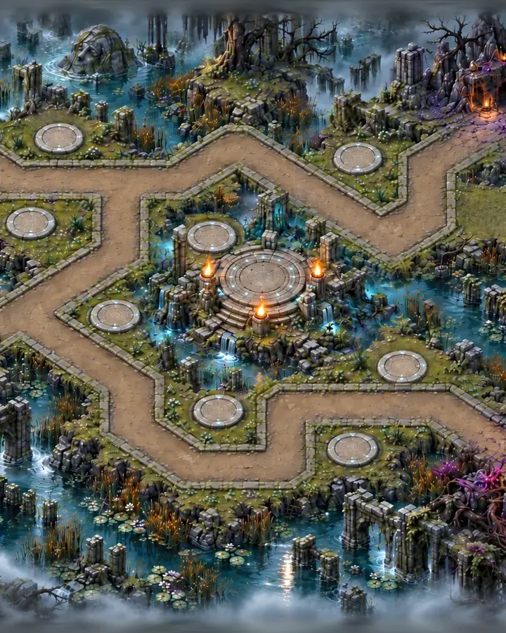The Greywater Marshes: a painted swamp of ruined stone, torch-lit altars and a winding road.